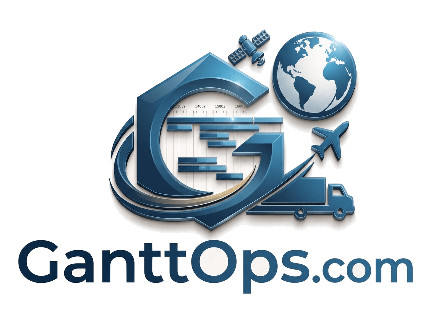 GanttOps.com — a Gantt timeline drawn inside a stylised GO monogram, ringed by a satellite, a globe, an aircraft and a truck.